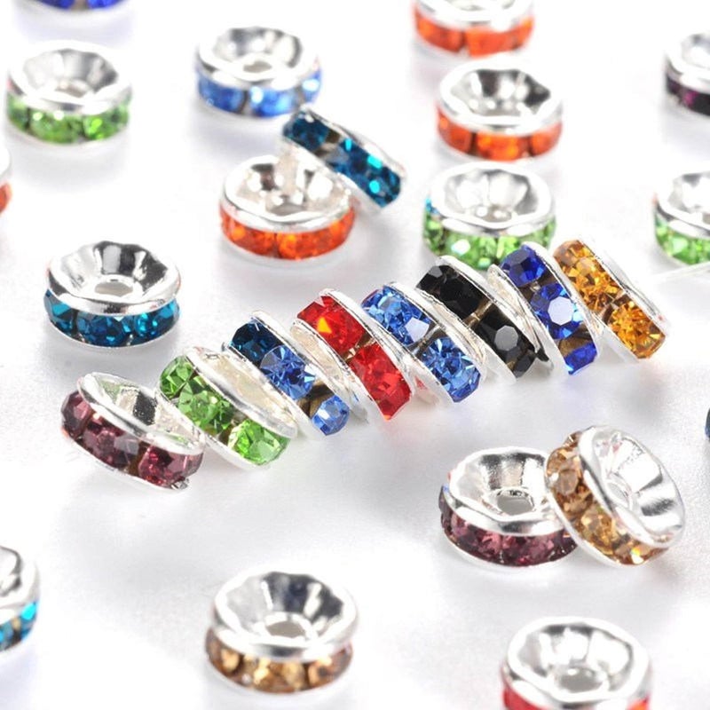 Allb 100Pcs Rondelle Spacer Beads 8mm Silver Plated Czech Crystal Rhinestone for Jewelry Making Loose Beads for Bracelets, black - Image 5